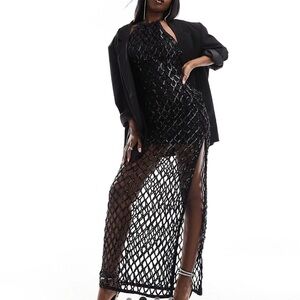 ASOS DESIGN halter lattice embellished maxi dress with split in black 14
